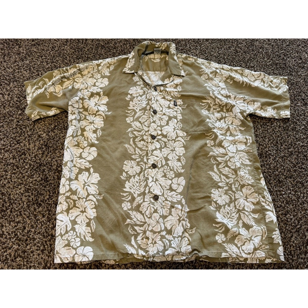 Vintage Pineapple Connection Rayon Hawaiian Shirt M Olive Green Floral Hibiscus